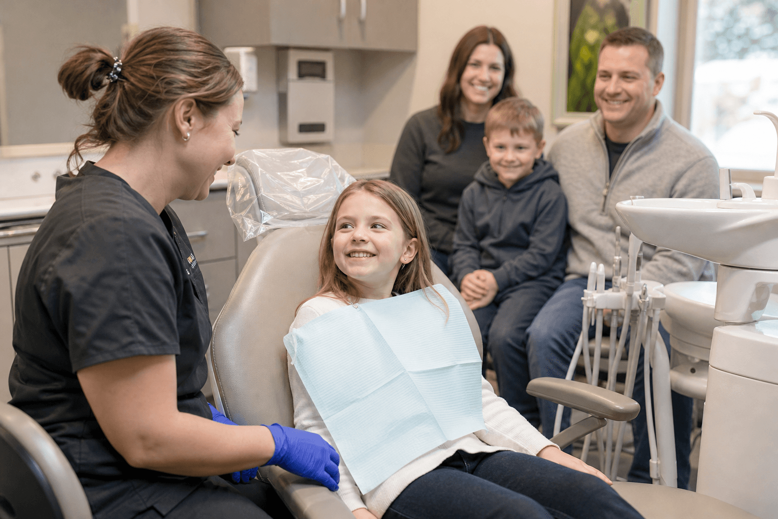 Family smiling at a dental clinic in Lac La Biche